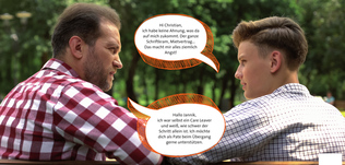 Jannik: "Hi Christian, ich habe keine Ahnung, was da auf mich zukommt. Der ganze Schriftkram, Mietvertrag... Das macht mir alles ziemlich Angst!"; Christian: "Hallo Jannik, ich war selbst ein Care Leaver und weiß, wie schwer der Schritt allein ist. Ich möchte dich als Pate beim Übergang gerne unterstützen."